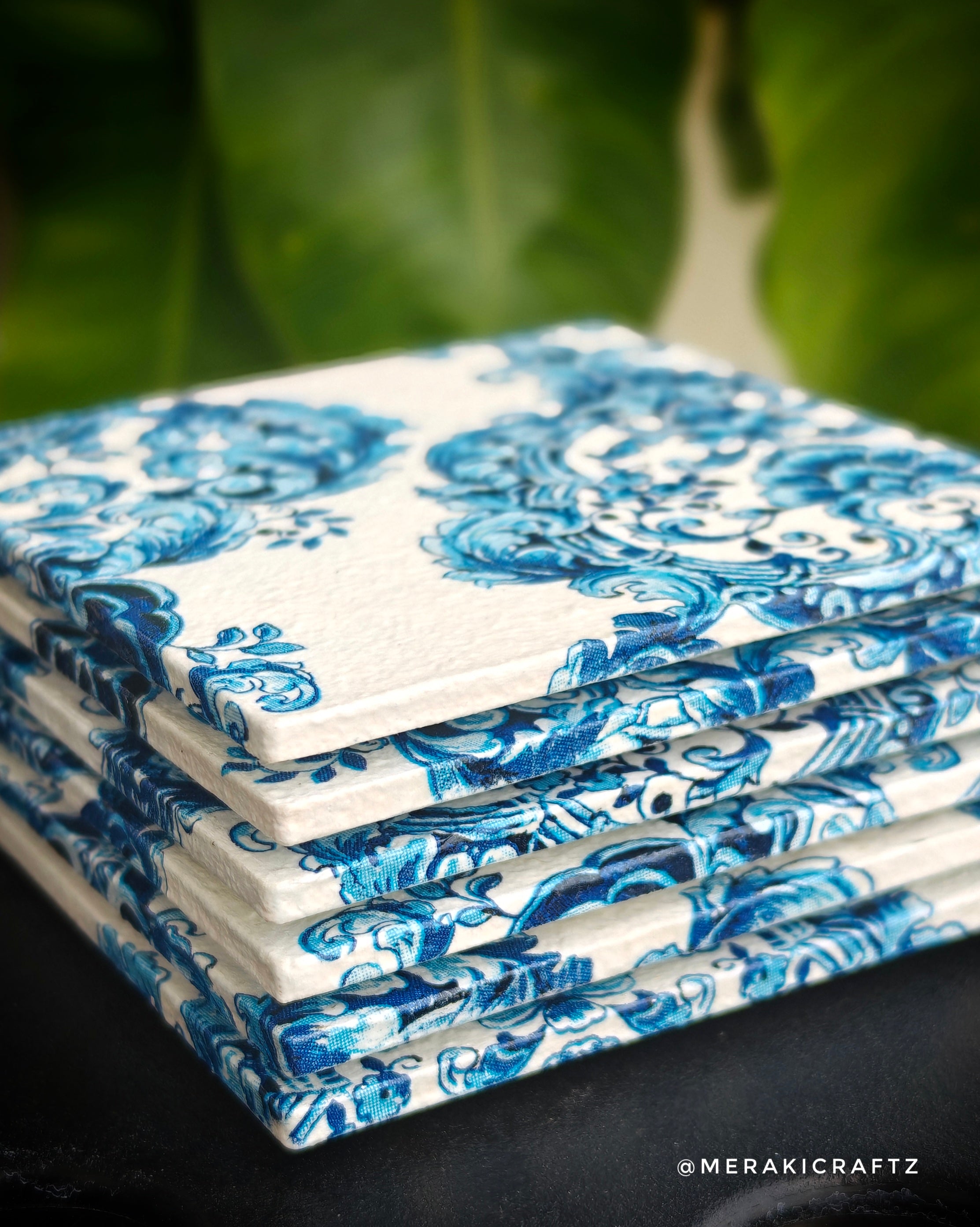 Handcrafted Blue & White Floral Decoupage MDF Coasters – Set of 6