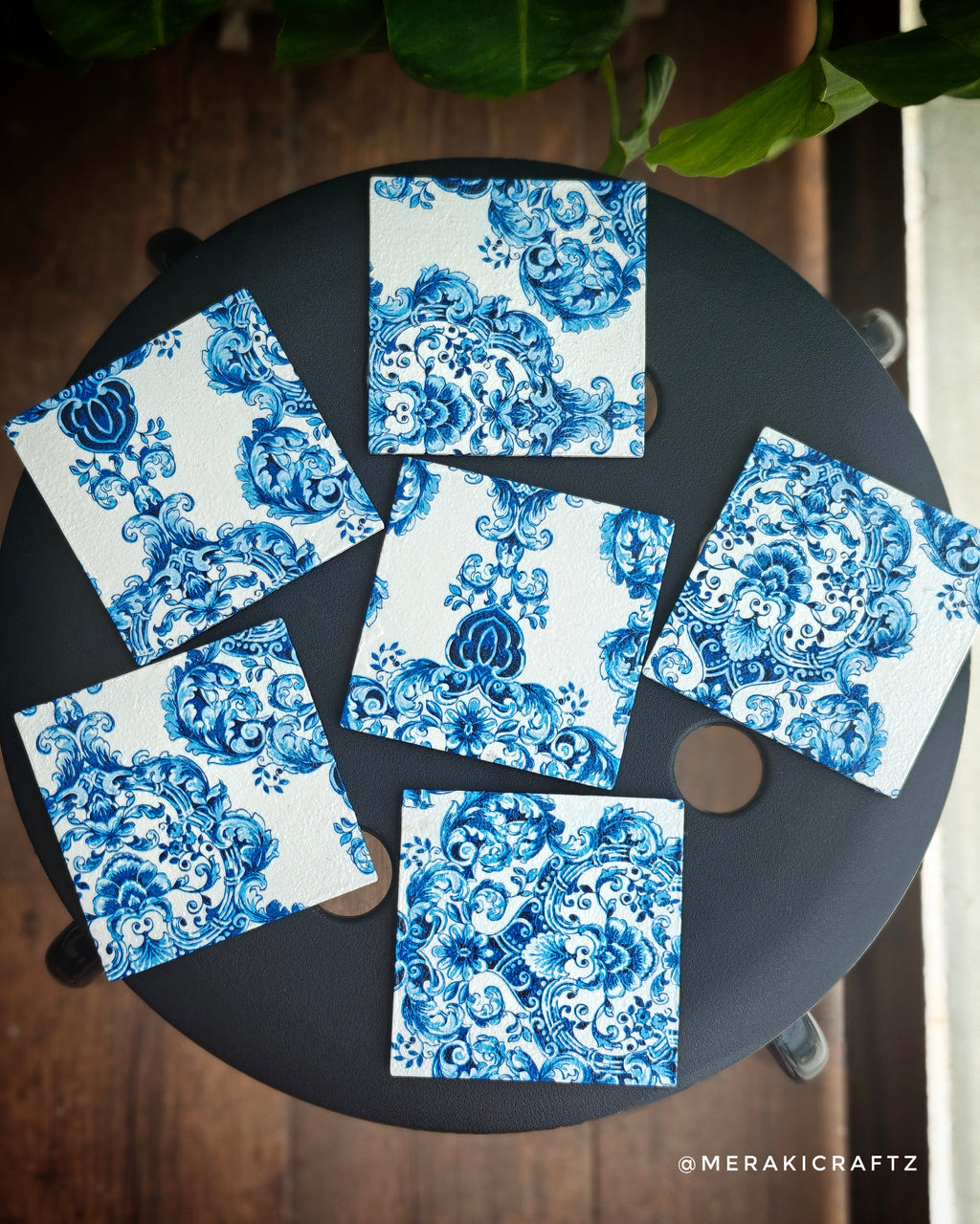 Handcrafted Blue & White Floral Decoupage MDF Coasters – Set of 6