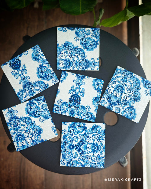 Handcrafted Blue & White Floral Decoupage MDF Coasters – Set of 6