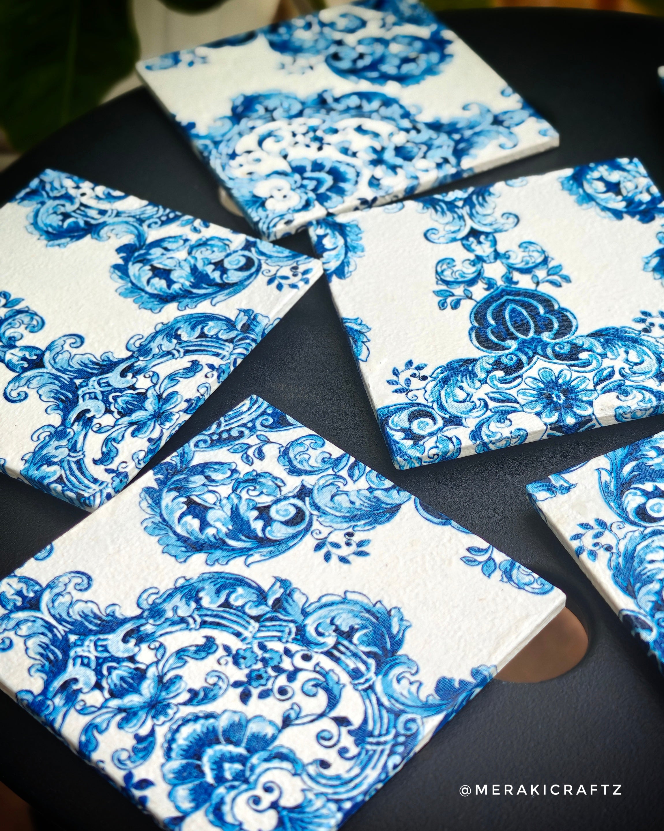 Handcrafted Blue & White Floral Decoupage MDF Coasters – Set of 6