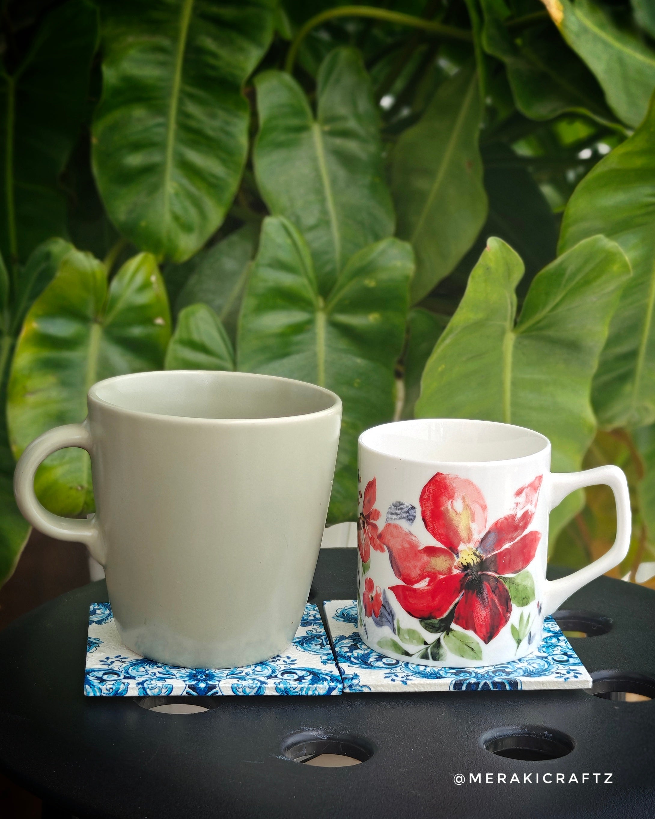 Handcrafted Blue & White Floral Decoupage MDF Coasters – Set of 6
