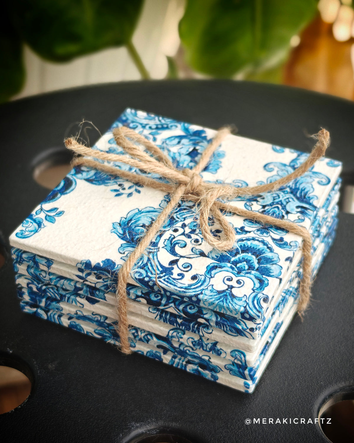 Handcrafted Blue & White Floral Decoupage MDF Coasters – Set of 6
