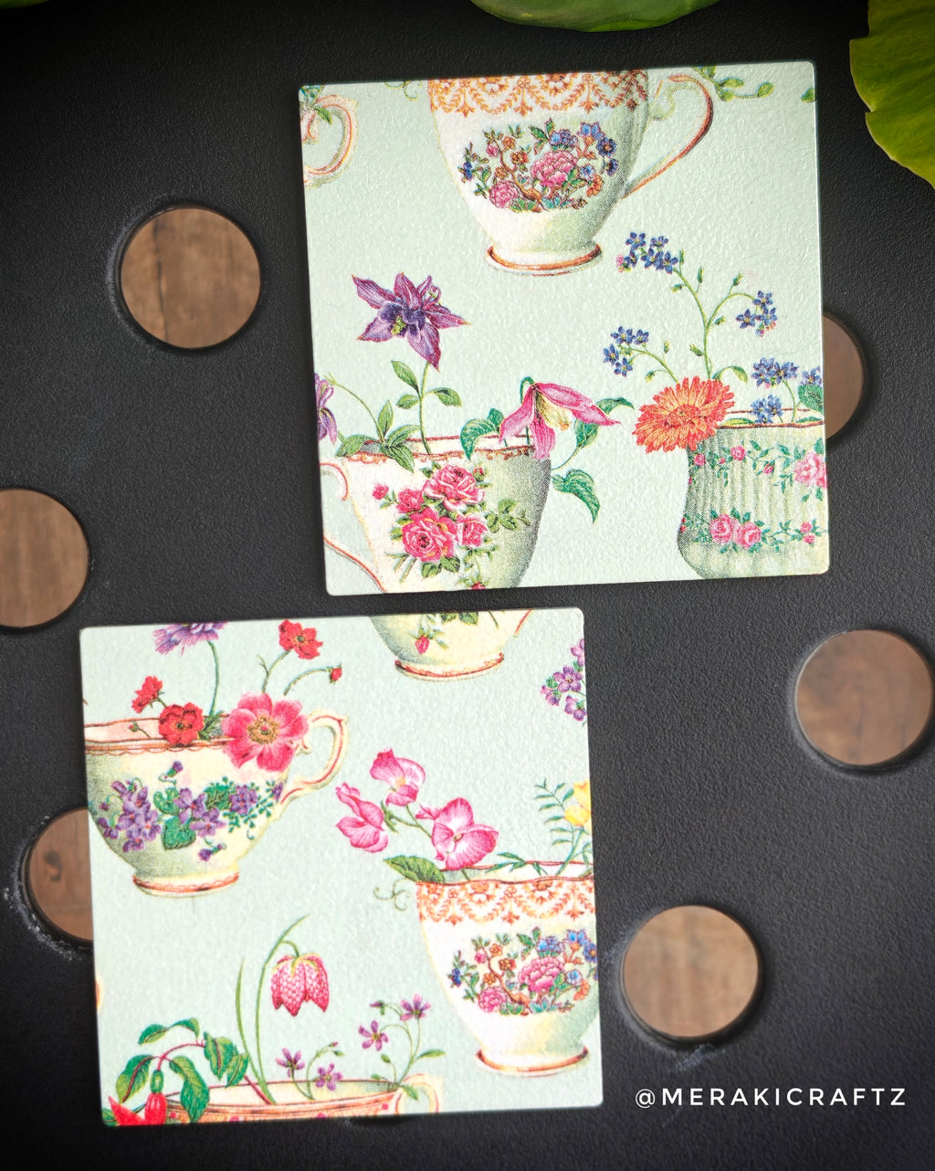Handcrafted Vintage Floral Tea Cup Decoupage Coasters – Set of 2