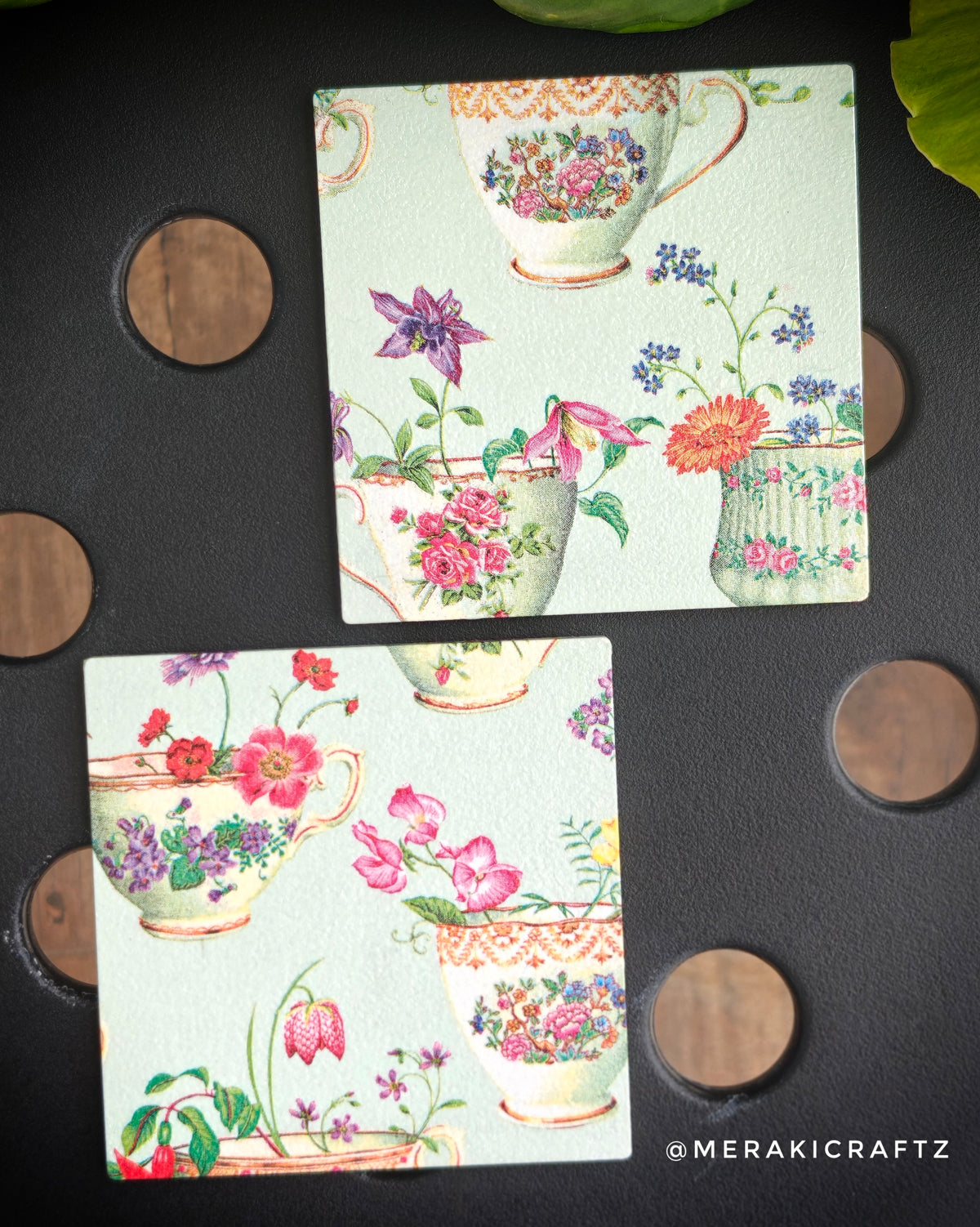 Handcrafted Vintage Floral Tea Cup Decoupage Coasters – Set of 2