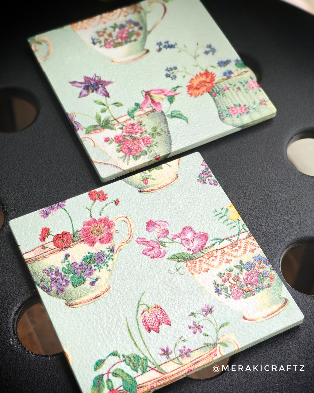 Handcrafted Vintage Floral Tea Cup Decoupage Coasters – Set of 2