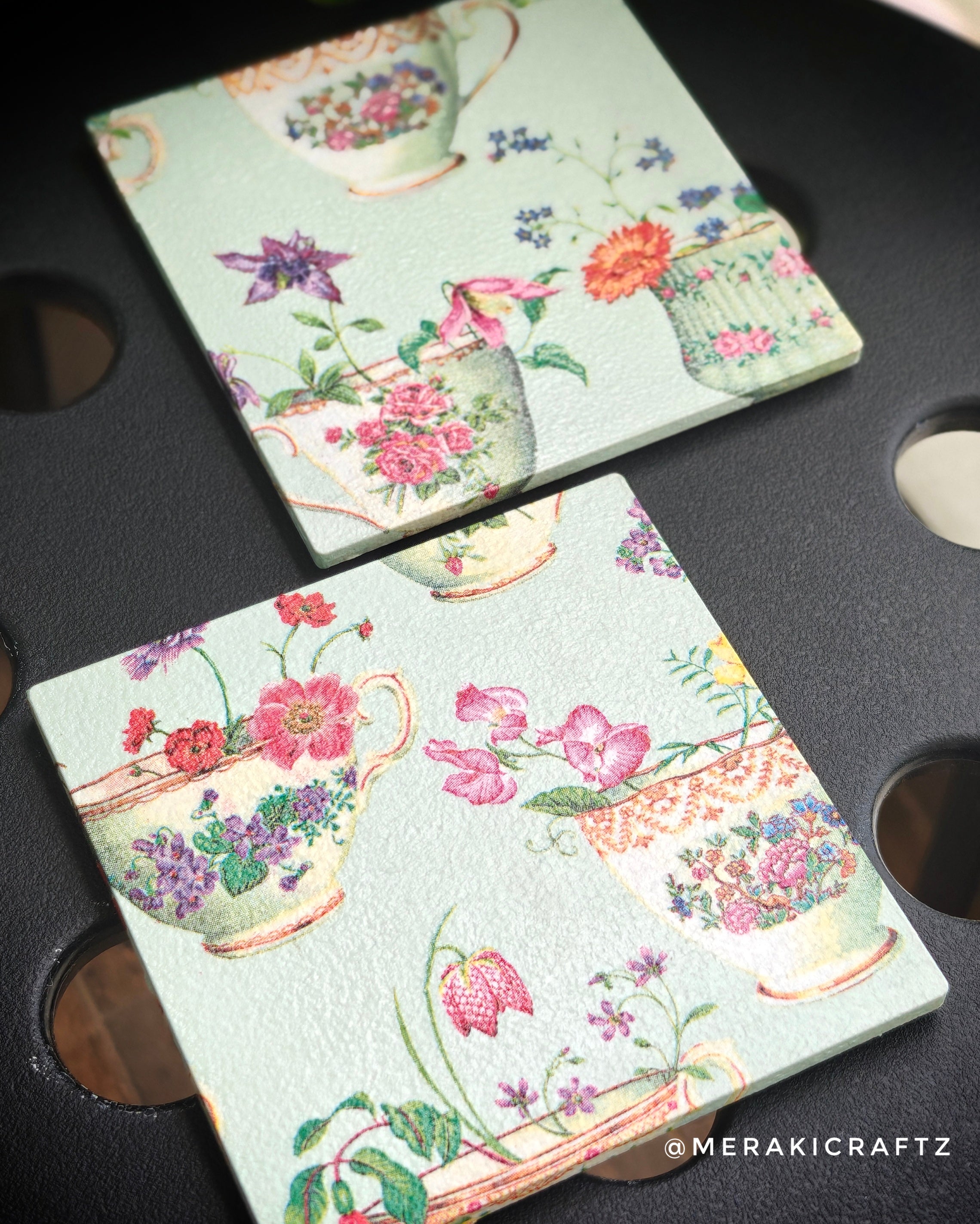 Handcrafted Vintage Floral Tea Cup Decoupage Coasters – Set of 2