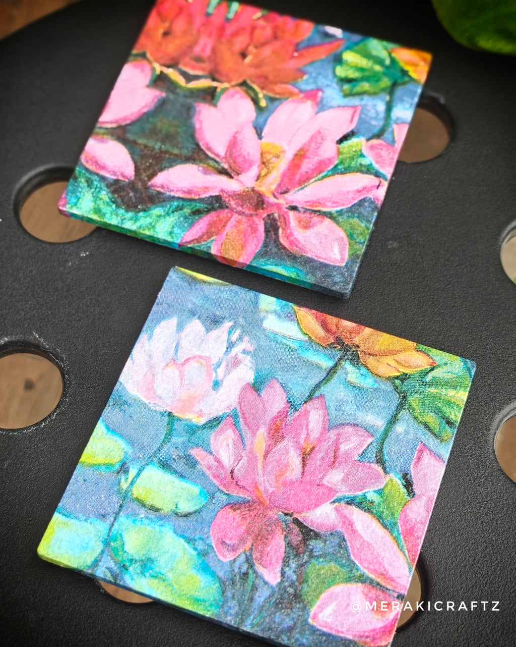 Handcrafted Lily Pond Decoupage Coasters – Set of 2