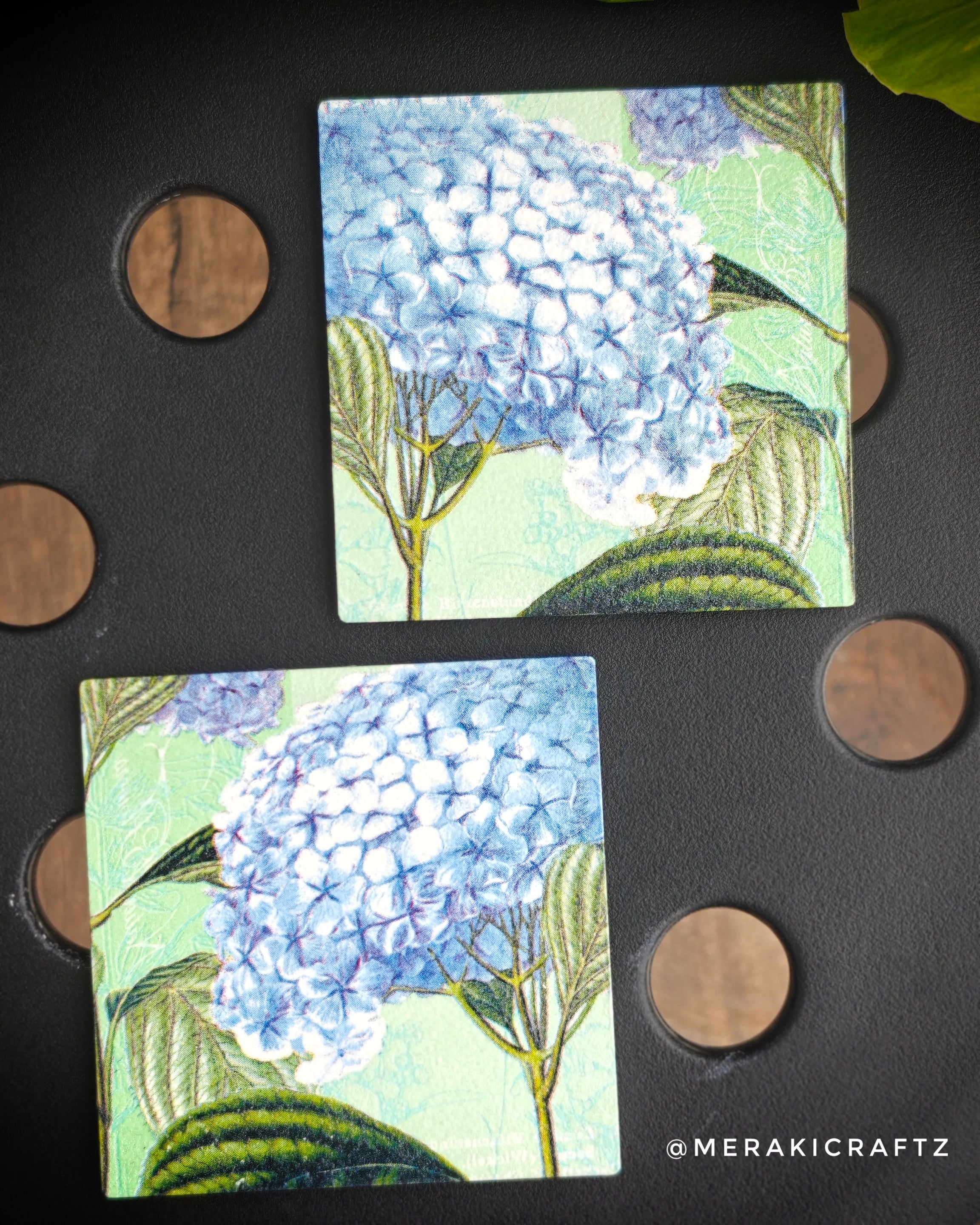 Handcrafted Blue Hydrangea Garden Decoupage Coasters – Set of 2
