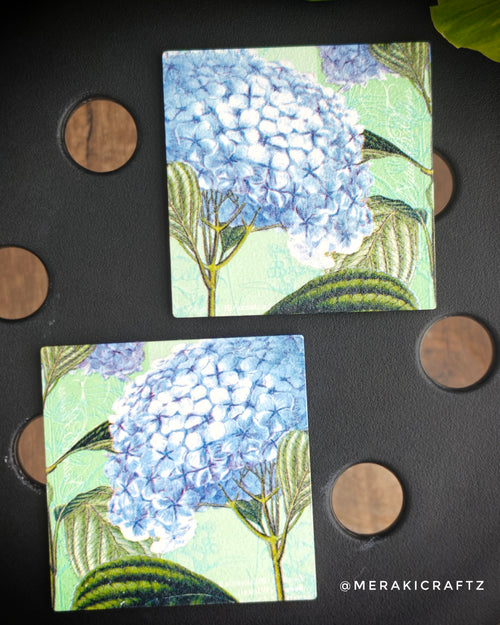 Handcrafted Blue Hydrangea Garden Decoupage Coasters – Set of 2