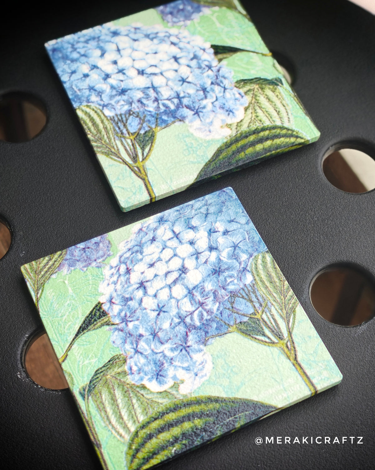 Handcrafted Blue Hydrangea Garden Decoupage Coasters – Set of 2