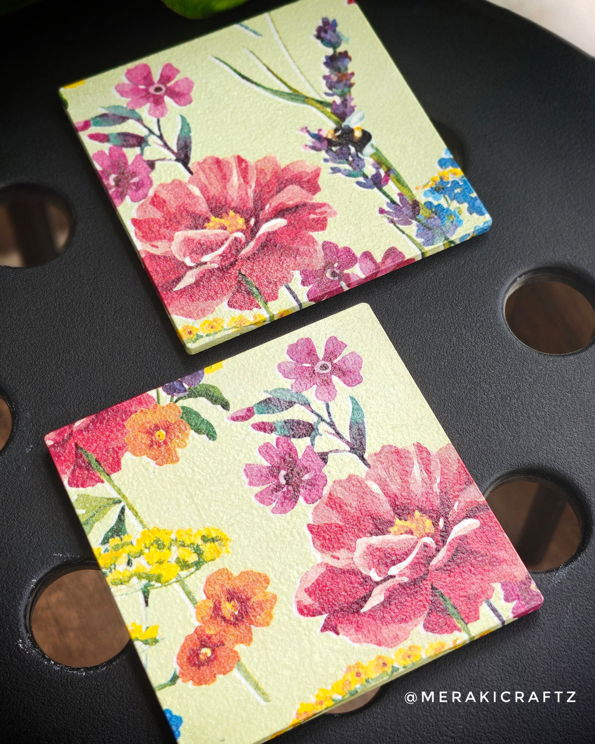 Handcrafted Vibrant Garden Floral Decoupage Coasters – Set of 2