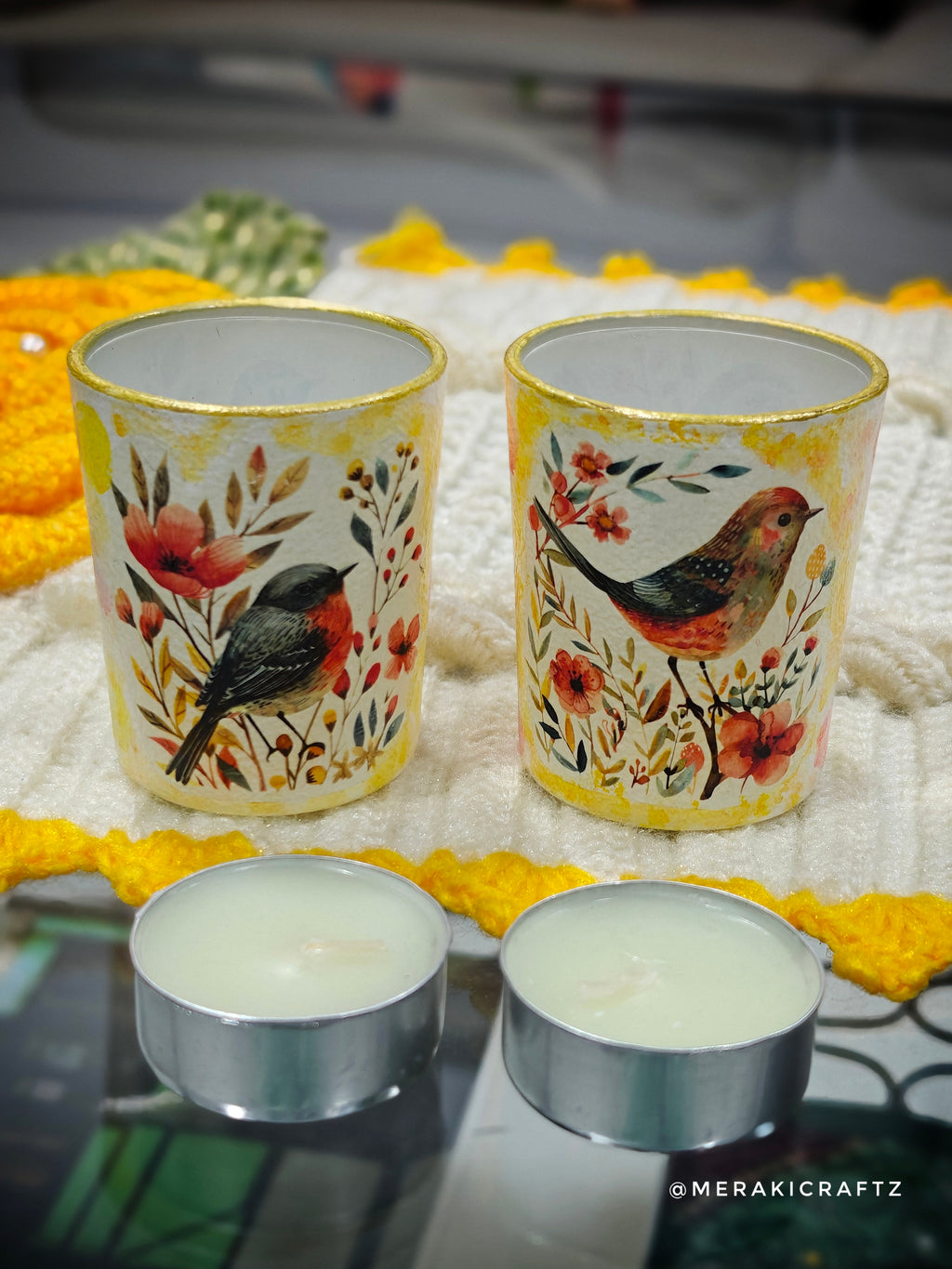 Handcrafted Upcycled Glass Tealight Candle Votives – Woodland Birds