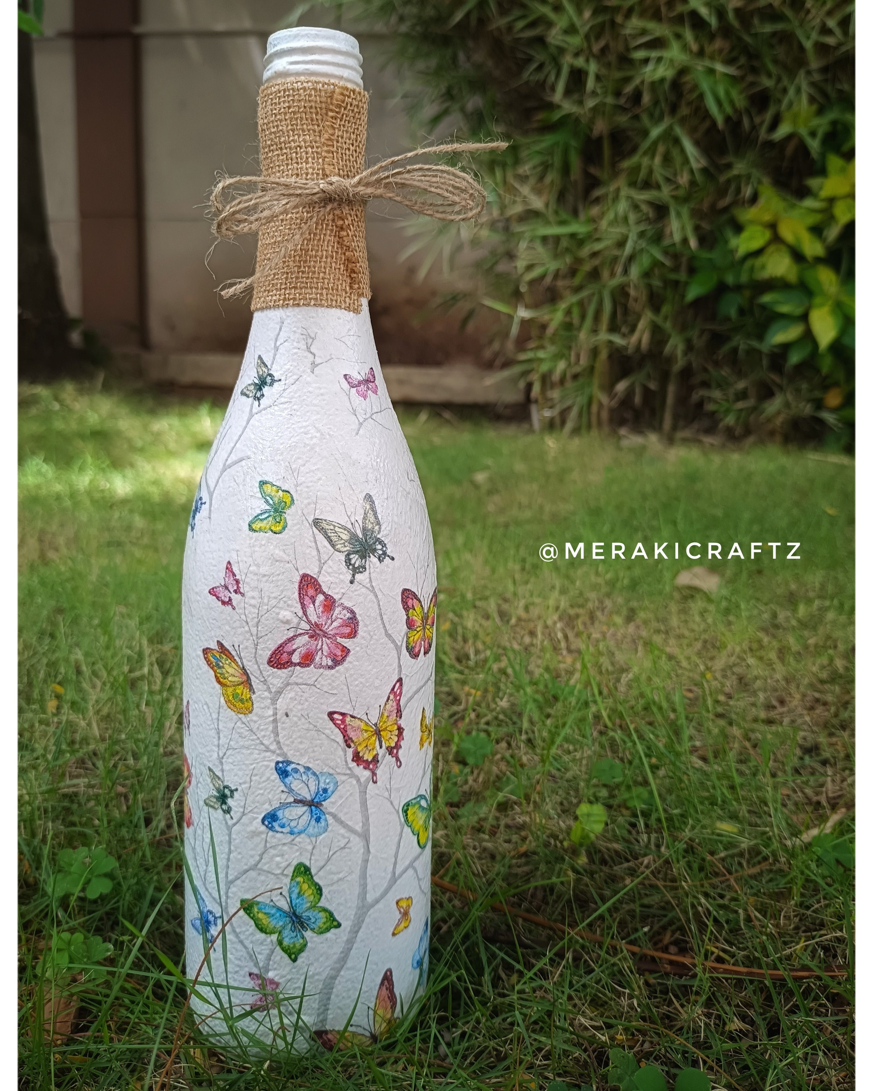 Handcrafted Upcycled Decoupaged Glass Bottle – Butterfly Meadow
