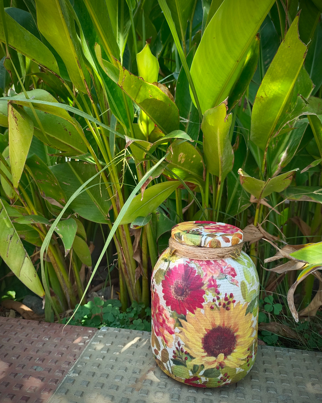 Handcrafted Threaded Decoupaged Glass Jar - Summer
