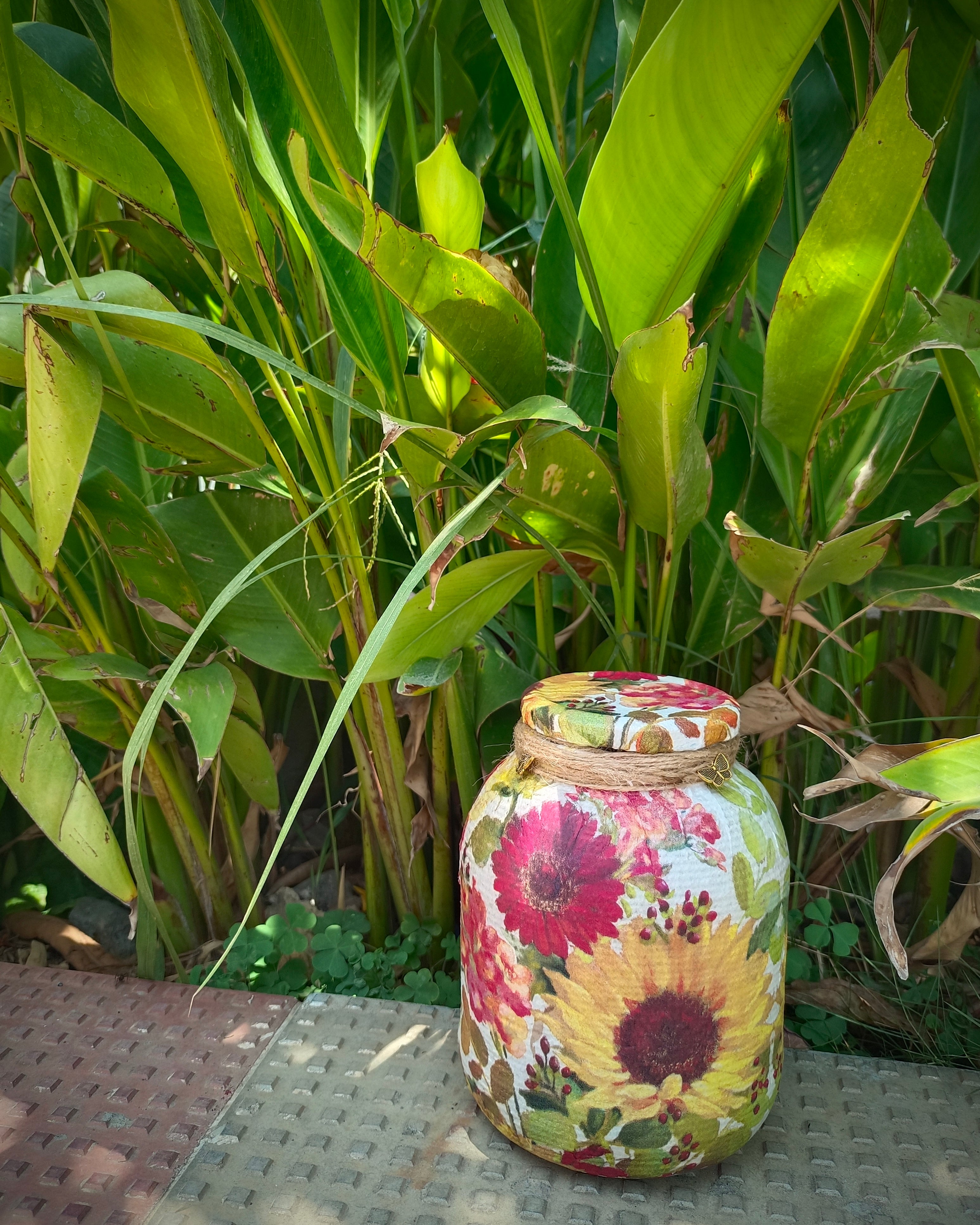 Handcrafted Threaded Decoupaged Glass Jar - Summer