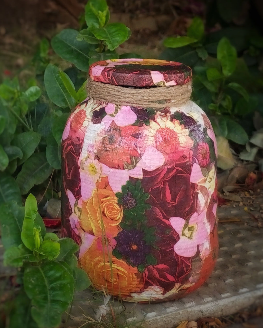 Handcrafted Threaded Decoupaged Glass Jar - Pink & Red