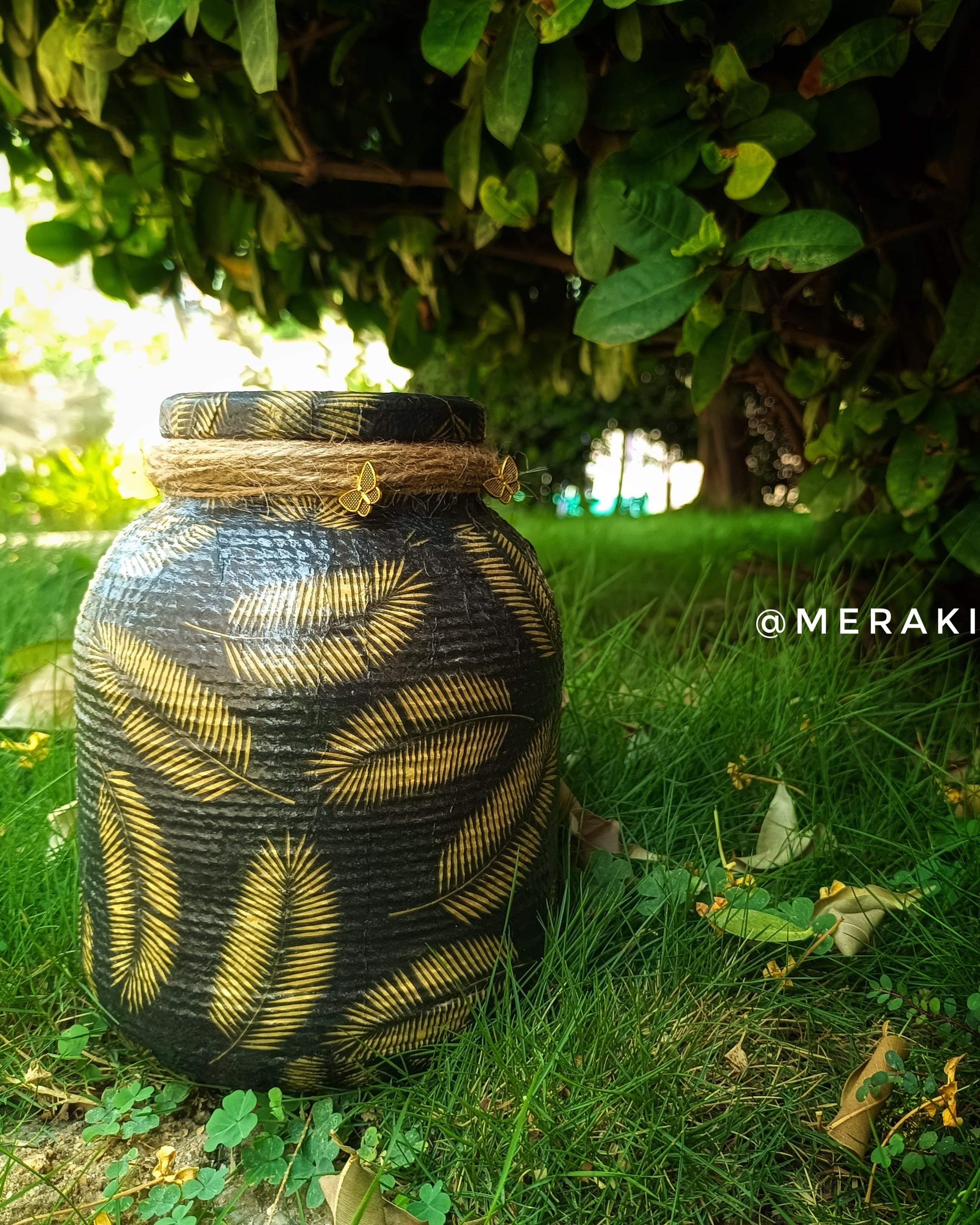 Handcrafted Threaded Decoupaged Glass Jar - Black